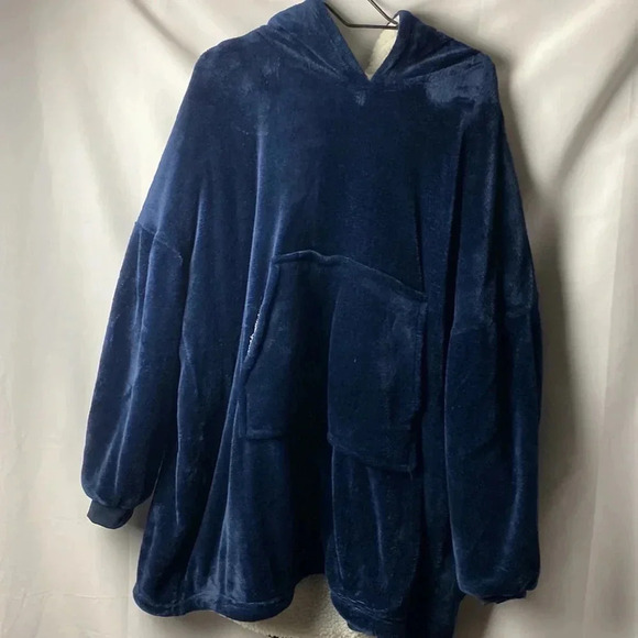 HUGGLE HOODIE NAVY PLUSH VELOUR SHERPA LINING HOODED SLIPOVER FRONT POUCH POCKET - Picture 2 of 13